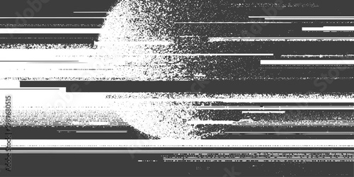 Black and White Glitch Art Background with Abstract Distorted Circle and Horizontal Digital Noise Lines