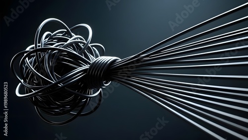 Plakat w ramie Tangled black cables forming a chaotic knot, organized straight wires emerging from a messy bundle, concept of problem solving and data management