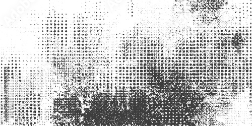 Black and White Halftone Grunge Texture Vector with Distressed Dot and Grid Patterns for Industrial and Vintage Graphic Design Backgrounds
