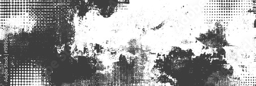 Black and White Grunge Halftone Texture Banner Distressed Grainy Background with Ink Splatters and Retro Screen Print Pattern