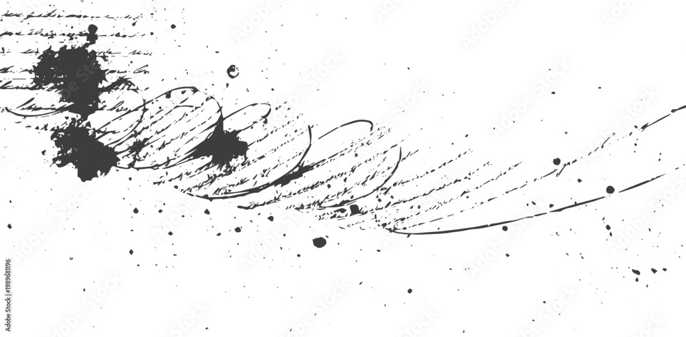 Obraz premium Abstract Grunge Ink Splatter with Vintage Cursive Handwriting and Artistic Swirls on White Background Vector