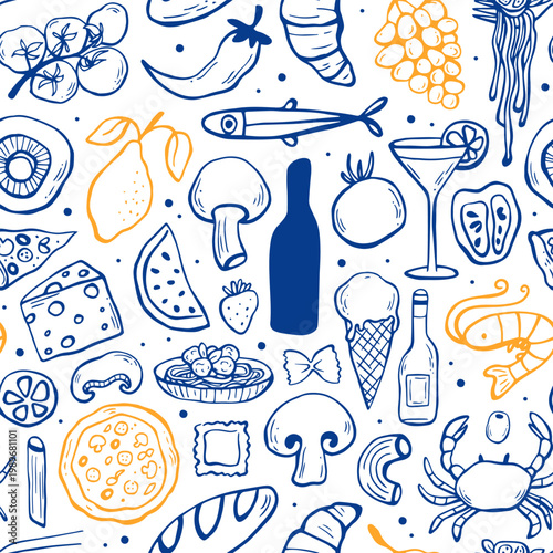 Mediterranean summer sea food seamless pattern with doodle illustrations. Modern graphic design. Sketch style. Vacation dolce vita vector design