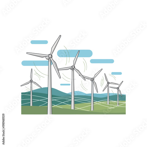 wind turbines generating clean energy on green hills with blue sky