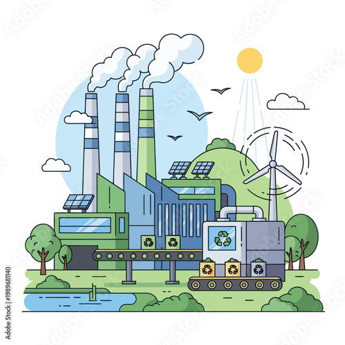 Eco friendly factory with recycling and renewable energy sources