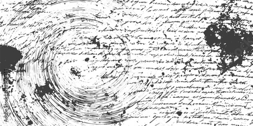 Abstract Grunge Background with Distressed Vintage Handwriting and Ink Splatter Texture in Black and White