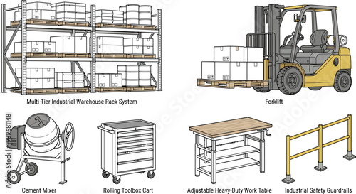 Industrial warehouse and construction CAD vector illustration, forklift racking pallet systems mixer ladders workbench and safety barriers in technical black outline with color accents