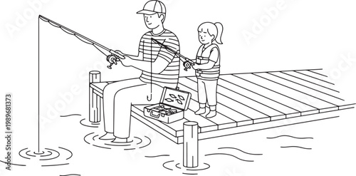 Father and Daughter Fishing Together on a Wooden Pier Vector Illustration