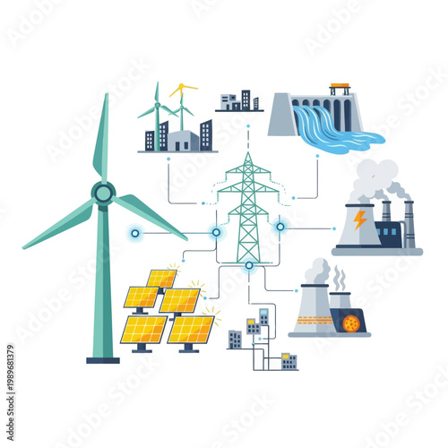 Renewable energy sources power grid system with wind turbines solar panels hydroelectric dam and power plants