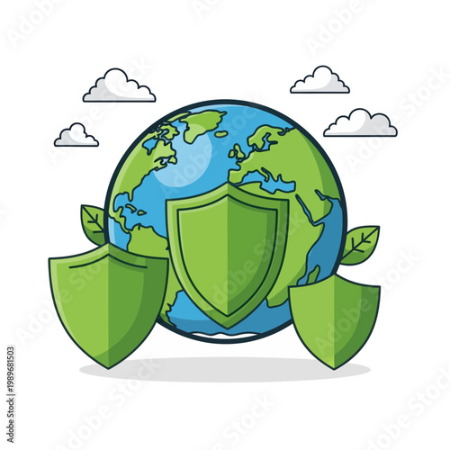 A vibrant graphic illustration showcasing a securely protected Earth, emphasizing global environmental preservation, ecological safety, and sustainability initiatives with strong conceptual shields