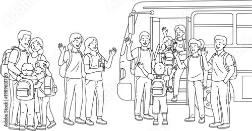 Group of Students and Parents Waving Goodbye at School Bus Vector Illustration