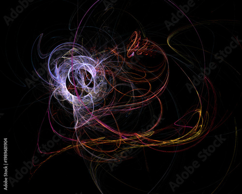 Vibrant digital fractal art featuring glowing blue, cyan, and golden light trails swirling around a central dark void. Energetic cosmic motion background.