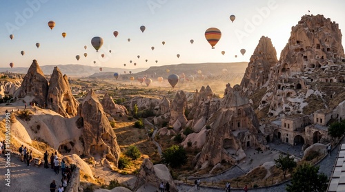 Sunrise panoramic view of hot air balloons flying over the ancient cave dwellings and fairy chimneys in Cappadocia, Turkey.