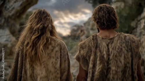 Adam and Eve walking away from the garden entrance, sorrow visible in their faces, garments of animal skins now covering them, an angel standing at a distance near the entrance with a bright flaming s