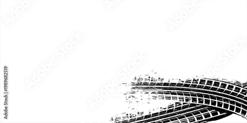 Tire tread marks, wheel textures, tire marks - car racing, motocross, drift, rally, off-road and others. Vector black isolated texture in grunge style with splashes.eps10