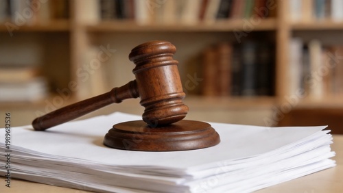 Wooden gavel on papers in library