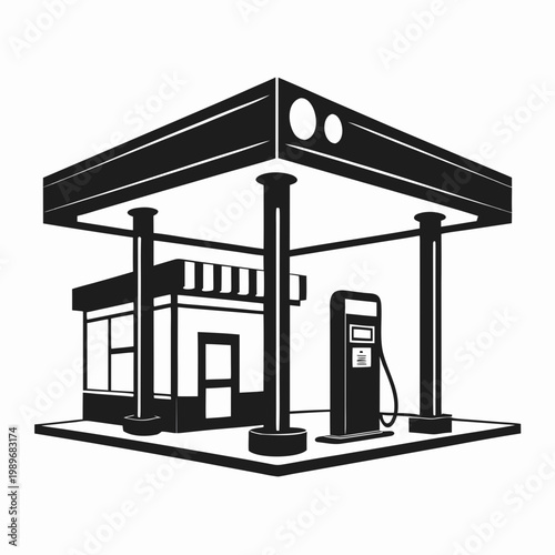 gas station icon with fuel pump and canopy silhouette, minimal fuel service logo, flat vector isolated on white background