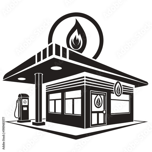 gas station icon with fuel pump and canopy silhouette, minimal fuel service logo, flat vector isolated on white background