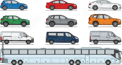 Color vector urban transport vehicle set, cars hatchbacks sedans vans and city bus, flat design side view for traffic commuting public transport and automotive infographic design