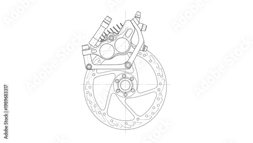 Bicycle disc brake system, mechanical caliper rotor CAD drawing