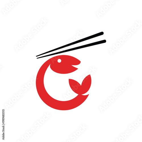 Abstract red fish and chopsticks logo icon for seafood restaurant bar.