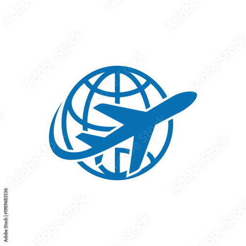 Airplane flying around globe vector icon or logo design, travel concept.