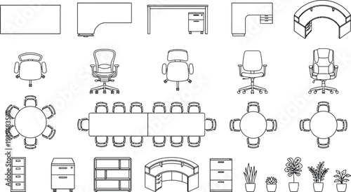Black white CAD office furniture plan view icon set, conference tables chairs desks workstations sofas cabinets and plants for architectural floor plan interior design and space planning