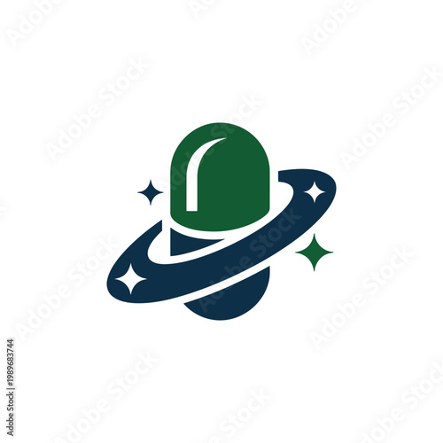 Cosmic medicine capsule icon with planetary orbits and shining stars.