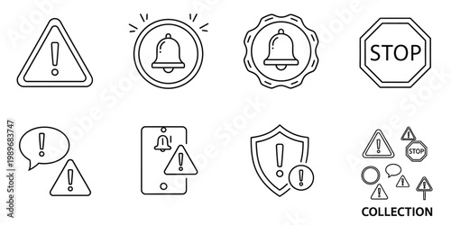 Collection of hand drawn warning and stop sign icons in black and white line art style