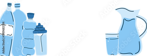 Water bottle and jug background for healthy life. Blue drink icons for hydration tracker, gym poster, or fresh mineral water banner. Vector illustration