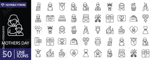 Mother’s Day icons set. Includes symbols of love, motherhood, family, flowers, hearts, gifts, and celebration. Editable stroke. Vector illustration. Outline icons.