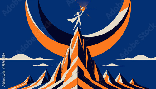 Conceptual Illustration of Discovery and Visionary Leadership Featuring a Lone Adventurer atop a Jagged Summit under a Graphic Crescent Moon..eps