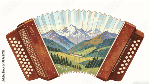 Watercolor Illustration of a Wooden Button Accordion with an Alpine Mountain Landscape Painted Across Its Expanded Bellows, blending folk music and pastoral nature art
