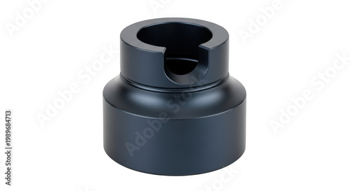 A sleek black camera lens with intricate metallic grooves and ridges isolated on transparent background