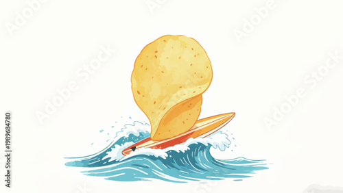Whimsical Illustrated Concept Art of an Anthropomorphic Potato Chip Surfing on a Blue Ocean Wave Against a Clean White Background, Playful Surreal Food Art