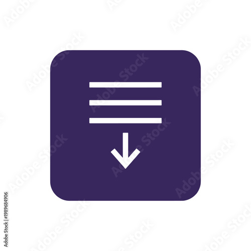 Minimalist Purple Rounded Square Text Lines Sort Descending Arrow Down Icon for Filter Order and List Arrangement Concept on Transparent Background for UI App and Web Interface Design