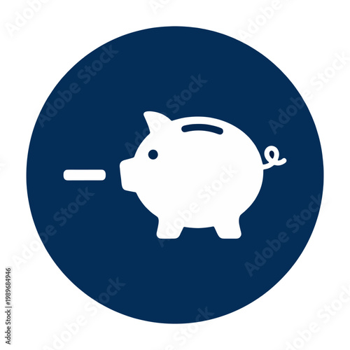 Minimalist Dark Navy Blue Circle Piggy Bank with Minus Sign Withdraw Savings Icon for Expense Deduction and Money Reduction Concept on Transparent Background for Finance App and Web Design