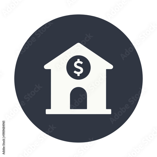 Minimalist Dark Charcoal Gray Circle Bank Building with Dollar Sign Icon for Financial Institution Headquarters and Money House Concept on Transparent Background for Banking App and Web Design