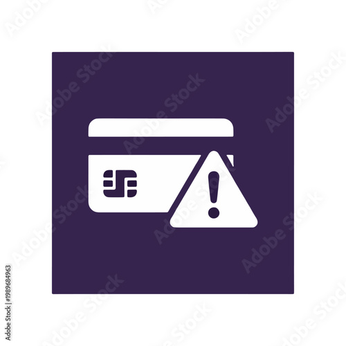 Minimalist Purple Square Credit Card with Warning Triangle Alert Icon for Payment Error Declined Card and Transaction Problem Concept on Transparent Background for Banking App and Web Interface Design