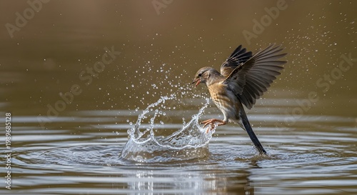 Bird landing on water surface with wings spread
Wading bird splashing in a lake at sunset
Feathered bird in motion above rippling water