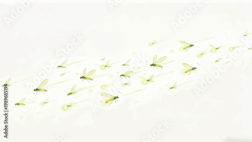 A Flock of Glowing Fireflies Moving in Unison Against a Soft Pale Off-White Background, Dreamlike Watercolor Illustration of Night Flying Insects With Warm Luminescent Trails