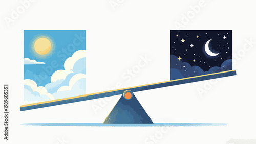 Imbalanced Seesaw Illustrating the Uneven Balance Between Daytime and Nighttime, Minimalist Flat Illustration of Daylight and Night Sky on a Tipping Seesaw