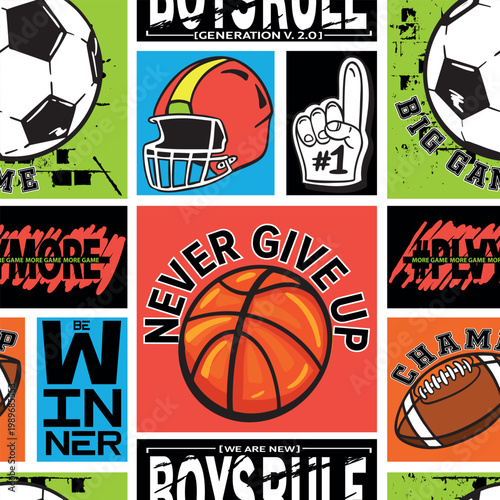 Seamless sport pattern with balls. Repeated backdrop for fashion clothes, t shirt, child, paper. Creative grunge design isolated on black