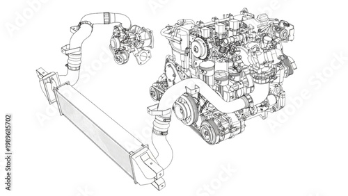 Automotive Engine and Intercooler System Technical Drawing