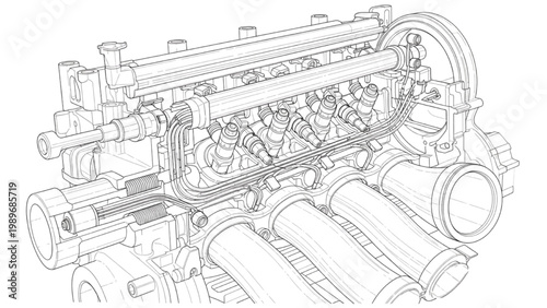 Detailed technical line illustration of a powerful automotive engine design concept