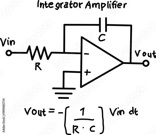 Operational amplifier integrator circuit diagram with resistor and capacitor feedback. Clean schematic showing analog signal integration and output relation.