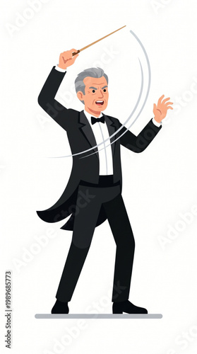 Senior male orchestra conductor leading with baton in formal tuxedo
