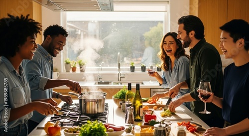 Diverse Friends Cook Together in Sunny Kitchen Friendship Cooking