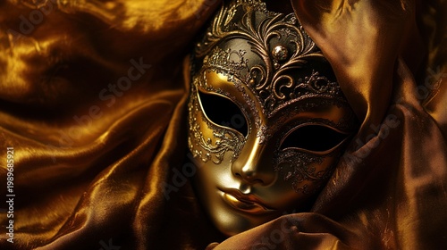 amrit. Ornate Venetian mask resting on dark velvet fabric, soft light highlighting its decorative details. event programs, museum guides, designed for cultural heritage projects and event programs.