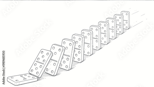 Pencil Sketch Illustration of an Ongoing Domino Effect, a Sequential Line of Standing Domino Bones Toppling One by One From Foreground to Background in Perspective