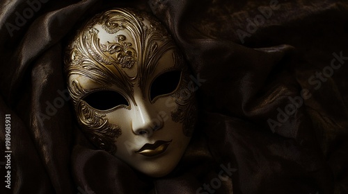 amrit. Ornate Venetian mask resting on dark velvet fabric, soft light highlighting its decorative details. event programs, museum guides, designed for cultural heritage projects and event programs.